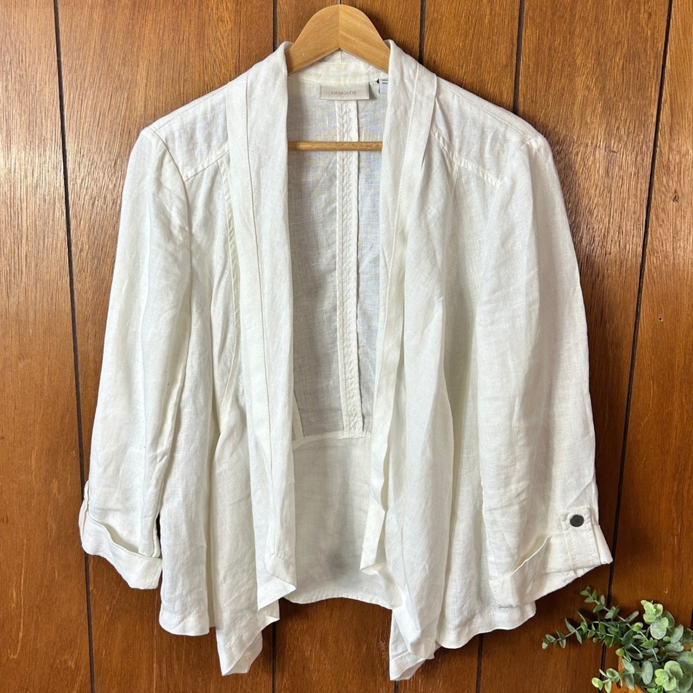 Chicos White 100% Linen Open Front Draped Jacket Blazer Cinch Back Size 1 M